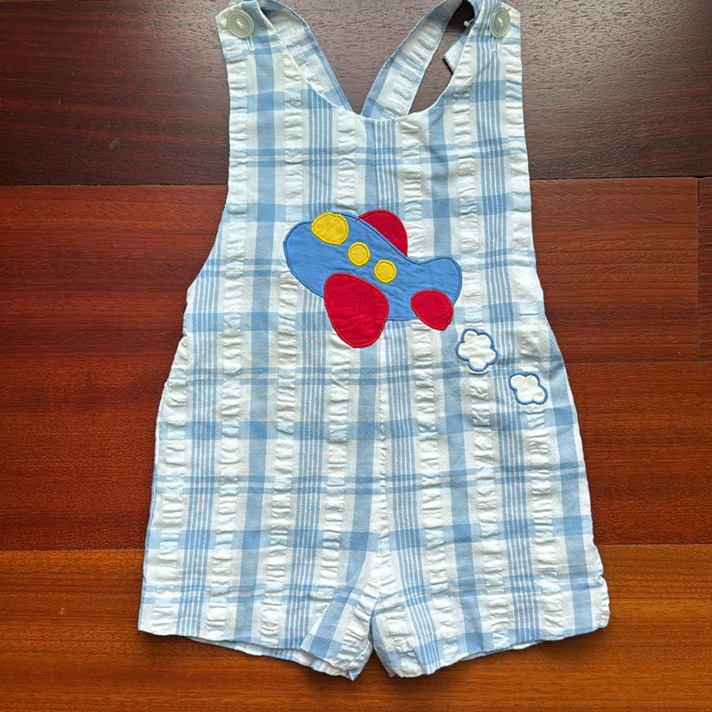 Boy Vintage Overall Blue  & White Embroidered Airplane SZ 3T